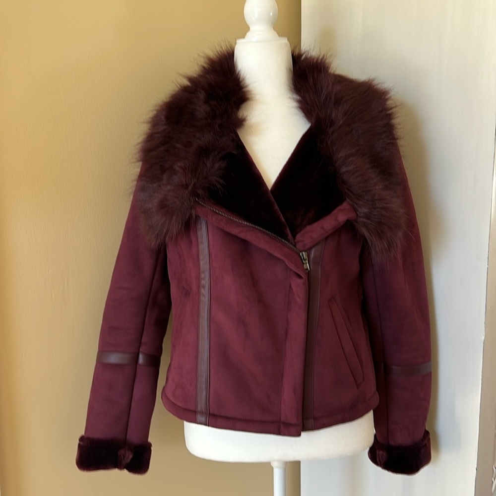 WHBM Burgundy fur trimmed moto jacket. Size s